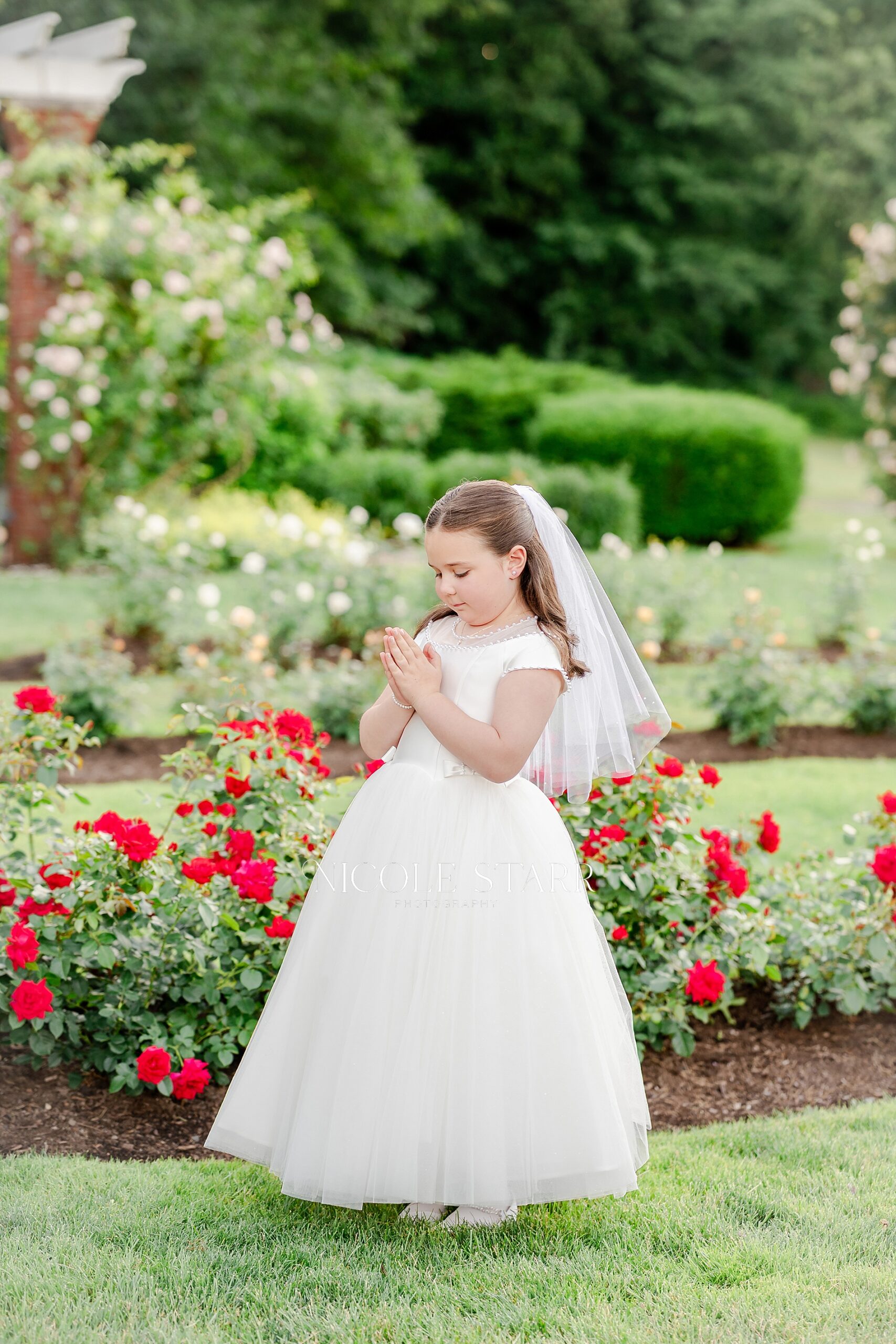 girl in white dress by red flowers for First Communion Portraits